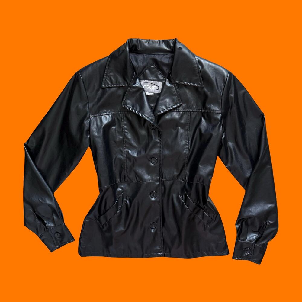 90's vintage black faux leather pvc cyber matrix y2k jacket SMALL rave